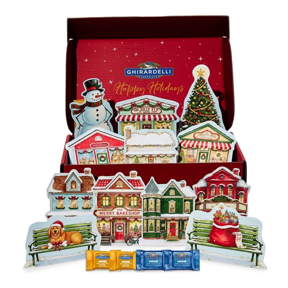Ghirardelli Holiday Village Chocolate Gift Set, a Christmas Stocking Stuffer Gift for Her or Him, Milk Chocolate Caramel and Dark Chocolate Sea Salt Caramel, 24 Count