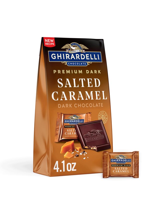 PREMIUM DARK Salted Caramel Dark Chocolate SQUARES, 4.1 oz Bag