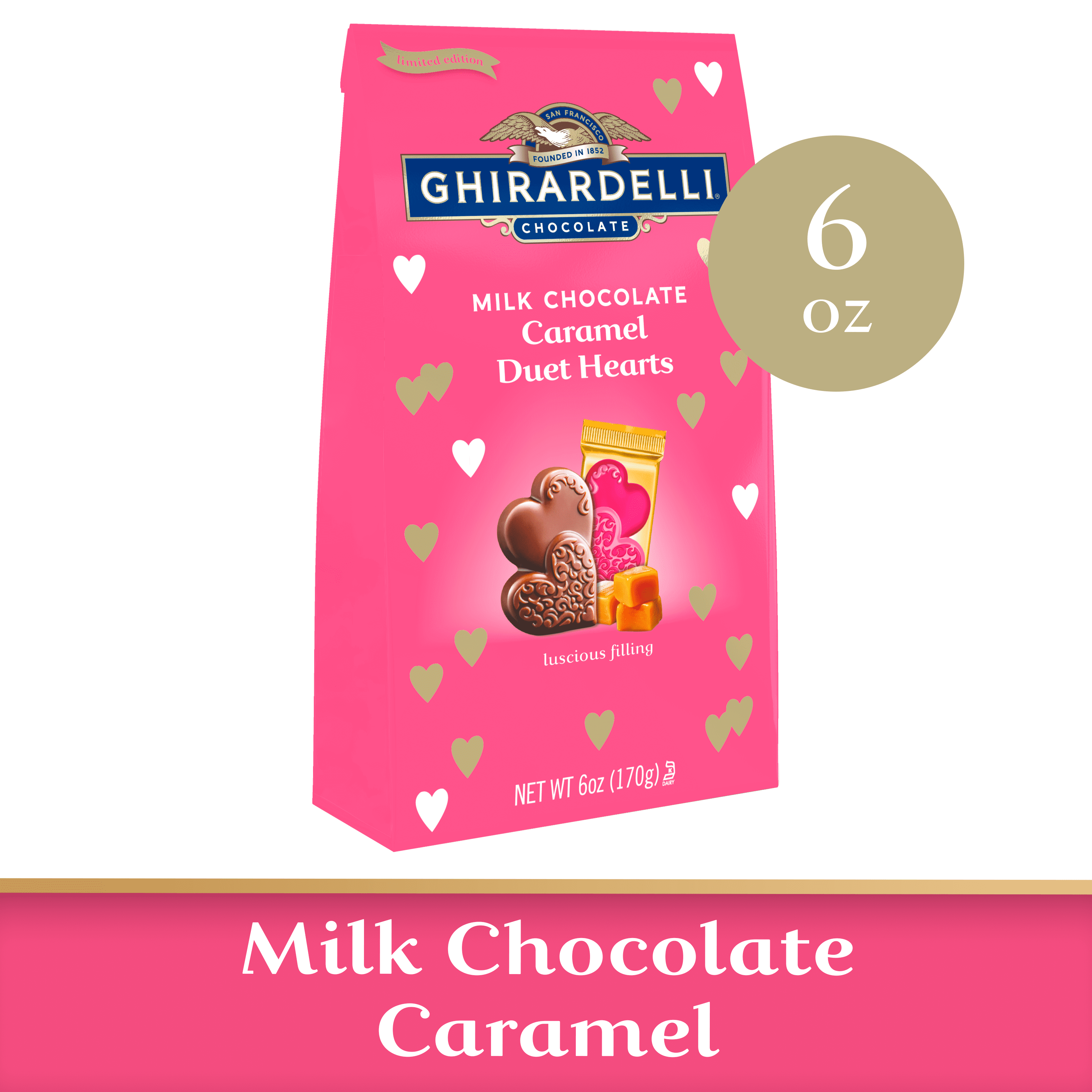 Ghirardelli Milk Chocolate Caramel Duet Hearts for Valentines 6 oz Bag