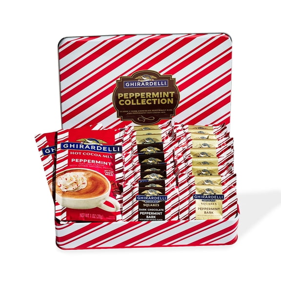 Thoughtfully Ghirardelli Peppermint Bark Gift Tin with 18 Chocolate Squares and 2 Hot Cocoa Mix Packets, Holiday Gift Set