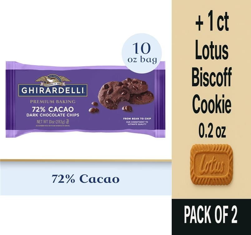 Ghirardelli Premium Baking 72% Cacao Dark Chocolate Chips 10 oz - Pack of 2 \u0026 Lotus Biscoff Cookie - 0.2 Oz - 1 ct