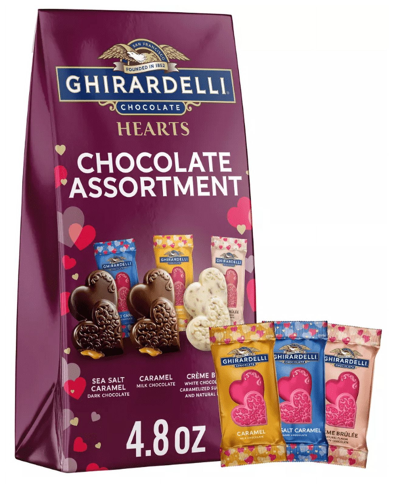 Ghirardelli Valentine's Assorted Chocolate Duet Hearts Bag, Individually Wrapped in Sea Salt Caramel Dark Chocolate, Caramel Milk Chocolate, and Crème Brulee Flavors -4.8oz