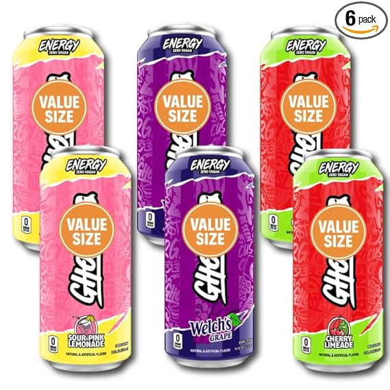 Gho~st Energy Drink Variety Pack, Zero Sugar 16 fl oz Cans (Pack of 6) Cherry Limeade, Grape, Sour Lemonade 200mg Caffeine, Vegan, Gluten-Free ( Repackaged By PickNGo Market )