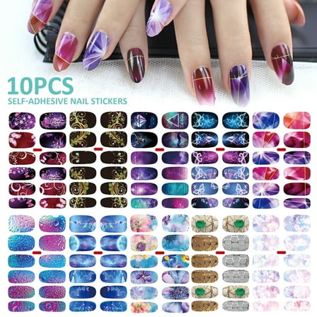 Ghojet 10 Sheets Nail Polish Stickers Self-Adhesive Nail Polish Stickers with Nail File Fully Wrapped Nail Stickers Creative DIY Nail Art Decals Colorful Stylish Nail Polish Stickers for Women Girls