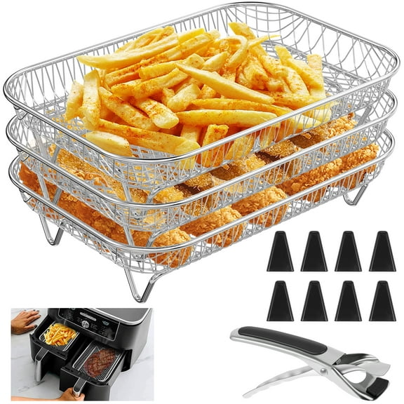 Ghojet 12Pcs Air Fryer Accessories Air Fryer Racks 3 Layer Stackable Air Fryer Grill Rack Stainless Steel Dehydrator Rack Rectangular with 8 Silicone Feet 1 Anti-Scald Clip
