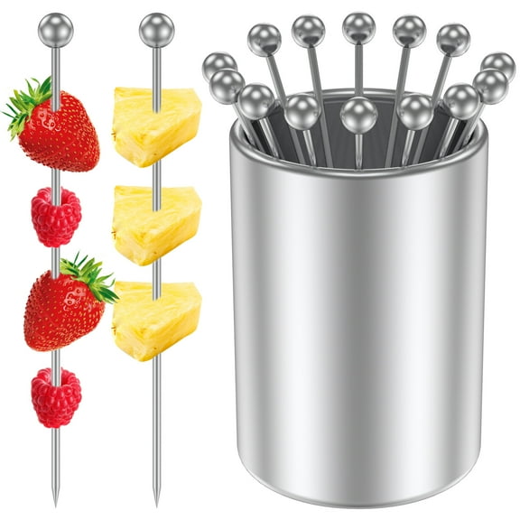 Ghojet 16Pcs Cocktail Picks Set with Holder 4.13 inch Stainless Steel Cocktail Toothpicks Reusable Cocktail Sticks Multipurpose Cocktail Appetizer Skewers for Sandwiches BBQ Snacks Cocktails