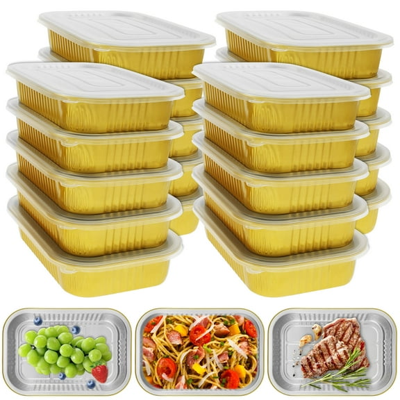 Ghojet 20Pcs Aluminum Foil Pans with Lids Food Grade Aluminum Foil Baking Tray Gold Foil Tray Container Rectangular Aluminum Cake Pans Multifunctional Foil Pans for Microwave Ovens Baking