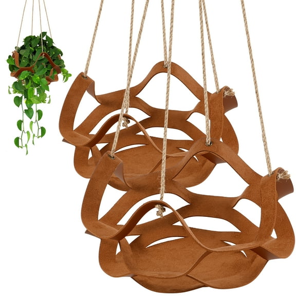 Ghojet 2Pcs Hanging Basket Flower Pot PU Leather Plant Hanger Hanging Basket Plant Display Rack Decorative Hanging Plant Basket Indoor Outdoor Hanging Planters for Living Room Garden Wall