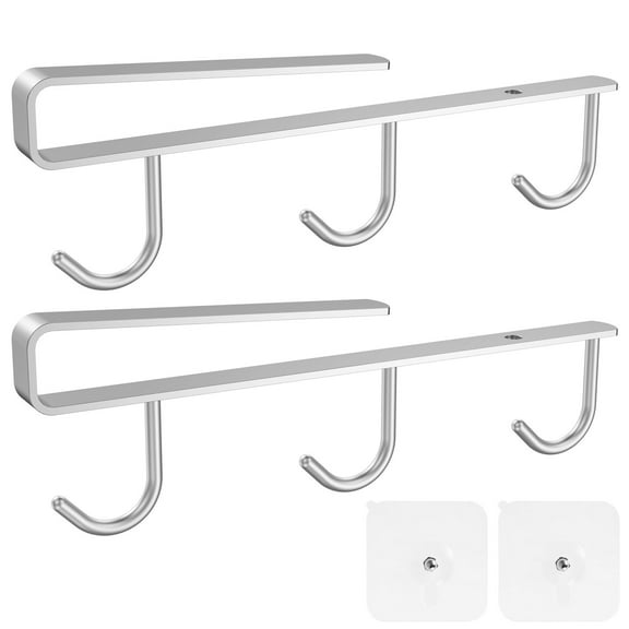 Ghojet 2Pcs Mug Rack Under Cabinet 304 Stainless Steel Coffee Mug Holder with 3 Hooks Cup Display Hanging Organizer No Drilling Tea Cup Hanger Simple 22lbs for Cabinet 0.8inch or Less