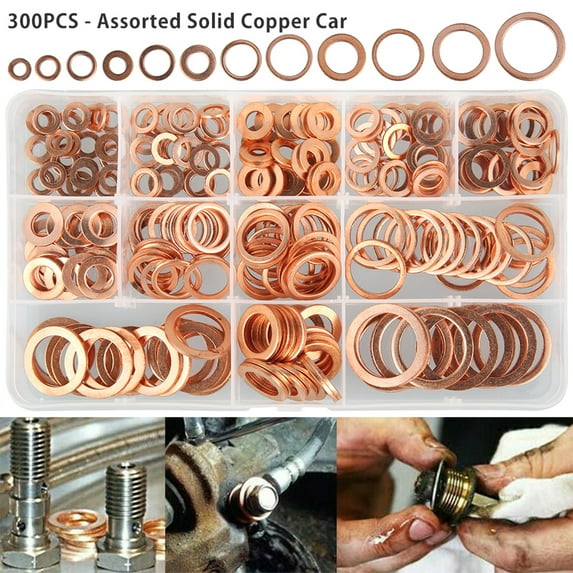 Ghojet 300PCS 12 Sizes Copper Metric Sealing Washers Assortment Set Flat Ring Sump Plug Oil Seal Gasket Sealing Washers Crush Washer Assortment M5/6/8/10/12/14/16/20