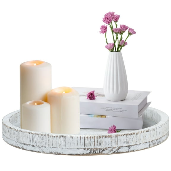 Ghojet 30cm Round Tray Wood Serving Platter Vintage Round Dessert Plate Multipurpose Candle Holder Tray Decorative Tray for Table Centerpiece Kitchen Bathroom Decor