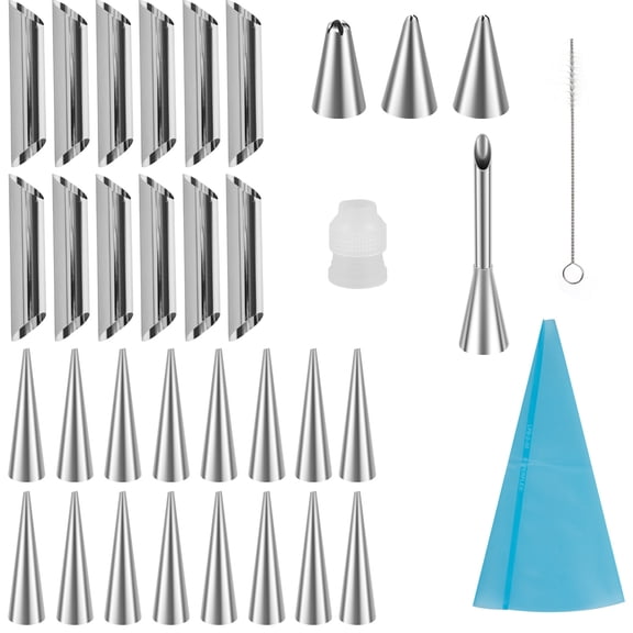 Ghojet 35Pcs Cream Horn Mold Set Stainless Steel Cannoli Forms Tubes Kit Cone and Tubular Shape Pastry Baking Mold Non-Stick Cream Roll Mold Croissant Making Mold for Croissant Pastry