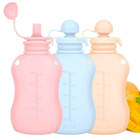 Ghojet 3Pcs Silicone Baby Food Pouch, Reusable 5oz Breastmilk Storage Bag, Refillable Baby Food Storage Pouch, Heat Resistant Squeeze Pouch Dishwasher Safe for Toddlers and Babies