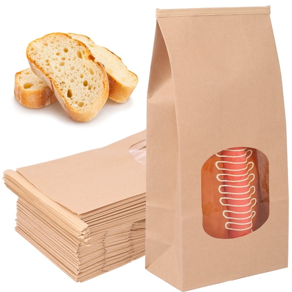 Ghojet 50Pcs Bakery Bags Paper Food Packaging Bag with Clear Window Reusable Cookie Bags Multipurpose Bread Toast Bags DIY Paper Bags for Candy Bread Sandwiches Coffee Beans