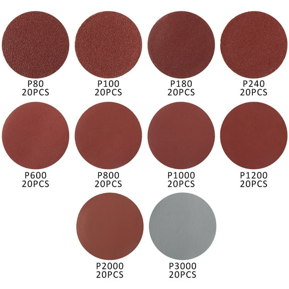 Ghojet 50mm Sanding Disc 200pcs Abrasive Discs 80/180/240/320/400/600/800/1000/2000/3000 Grit Ideal For Polishing / Rusting (20 Discs Per Grit Size)