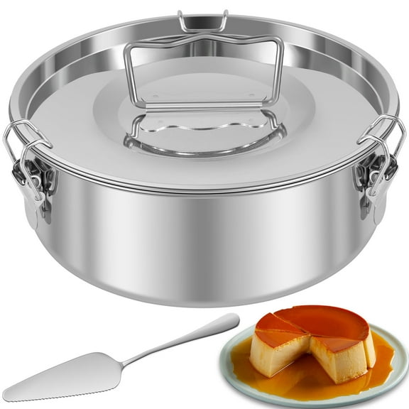 Ghojet 7.5inch Flan Pan Mold Stainless Steel Flan Pan Mold with Lid Handle 1.5QT Capacity Flan Baking Pan Portable Round Cake Baking Flan Maker for Cake Pudding Cheesecake Crepe