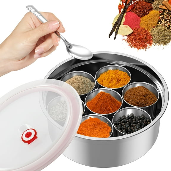 Ghojet Masala Dabba Spice Box Stainless Steel Spice Containers Masala Dabba with 7 Compartments Indian Spice Box Indian Masala Dabba with Spoon 9.8×3.7inch Kitchen Spice Storage Box