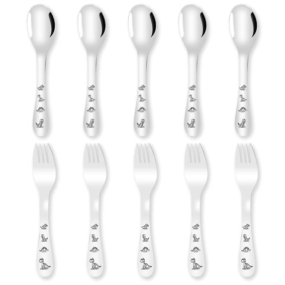 Tcwhniev 10 Pieces Toddler Utensils, Stainless Steel Kids Silverware Set, Cartoon Dinosaur Kids Forks and Spoons, Dishwasher Safe