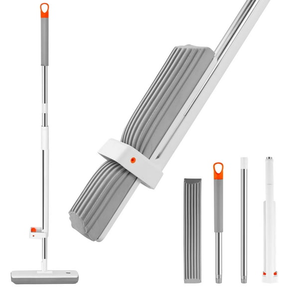 Ghojet Sponge Mop with Replacement Sponge Head Hands Free Self Wringing Mop with 47.2 Inch Ergonomic Handle Absorbent Foam Mop Sponge Squeeze Mop Reusable Sponge Floor Mop for Home Floor Cleaning