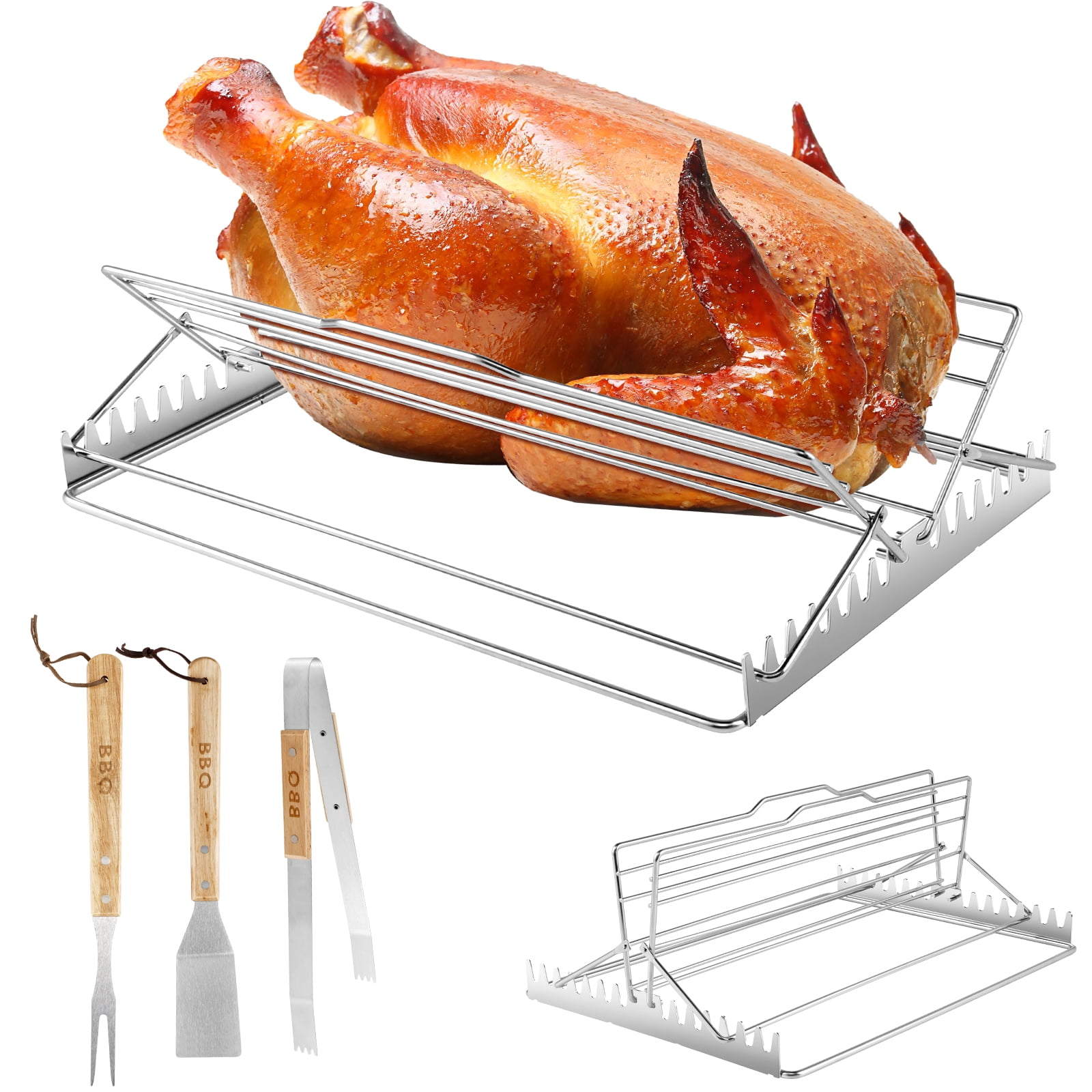 Ghojet Turkey Roasting Rack Adjustable BBQ Rib Rack Stainless Steel Turkey Roaster Rack Portable