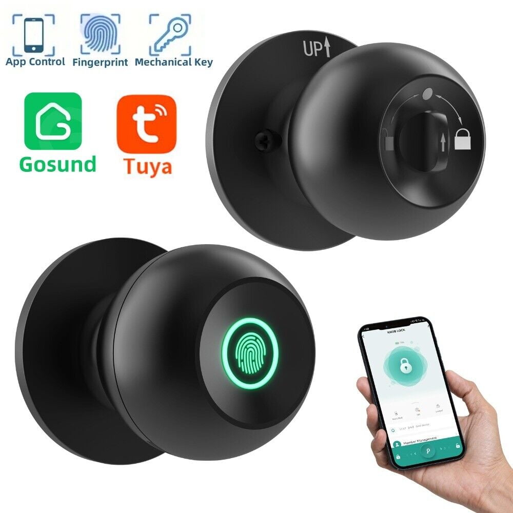 Black Polished Smart Fingerprint Door Knob with App Control