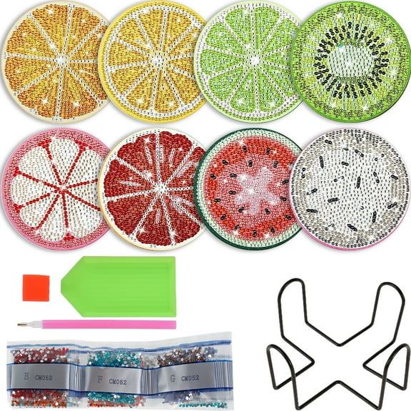 Ghopy 13Pcs Diamond Painting Coasters Kit with Holder,5D DIY Fruit Pattern Art Diamond Painting Cup Mat Kits,Decorative Art Cup Coaster Round Tabletop Protection Coaster DIY Coater Craft
