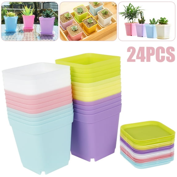 Ghopy 24pcs Plastic Plant Pots with Pallet Square Flower Pots Colorful Flower Nursery Seedling Pots Outdoor Indoor Planter Container for Room Office Garden Decor