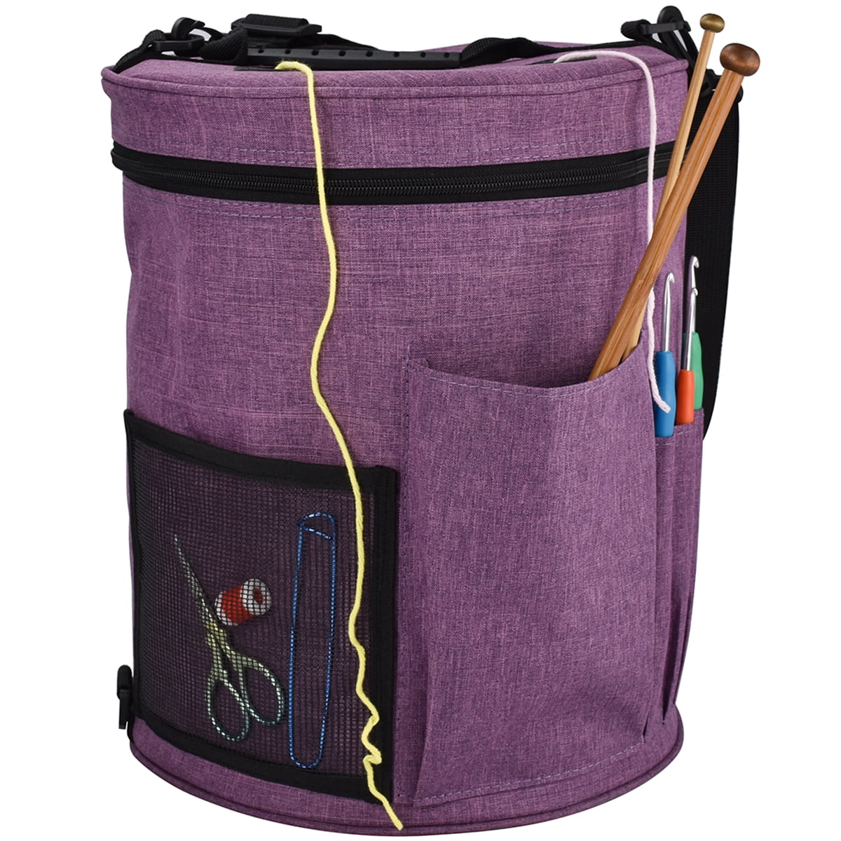 Ghopy Crochet Bag Knitting Bag Yarn Storage with Multi-Pockets Barrel-Shaped Handle Strap Knitting Storage Bag Portable Yarn Knitting Organizer Bag for Hooks Needles Yarn Skeins