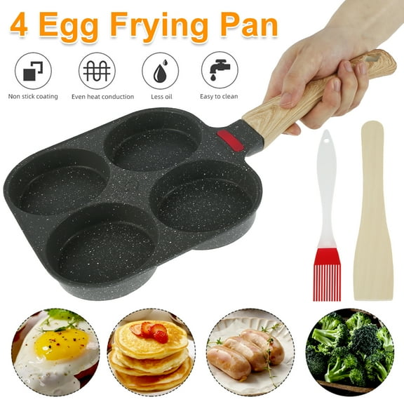 Ghopy Egg Frying Pan Set Aluminum 4 Cups Egg Frying Pan Nonstick Mini Egg Cooker Omelet Pan with Wooden Handle(7.3in)