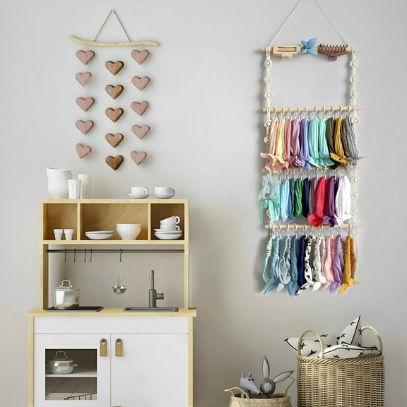 Gpoty Headband Holder with 30 S Hooks Headband Organizer Headband & Bow Holder for Girls Hair Bows Hanging Wowen Rope Hair Bows Organizer Decorative Headbands Storage Holder