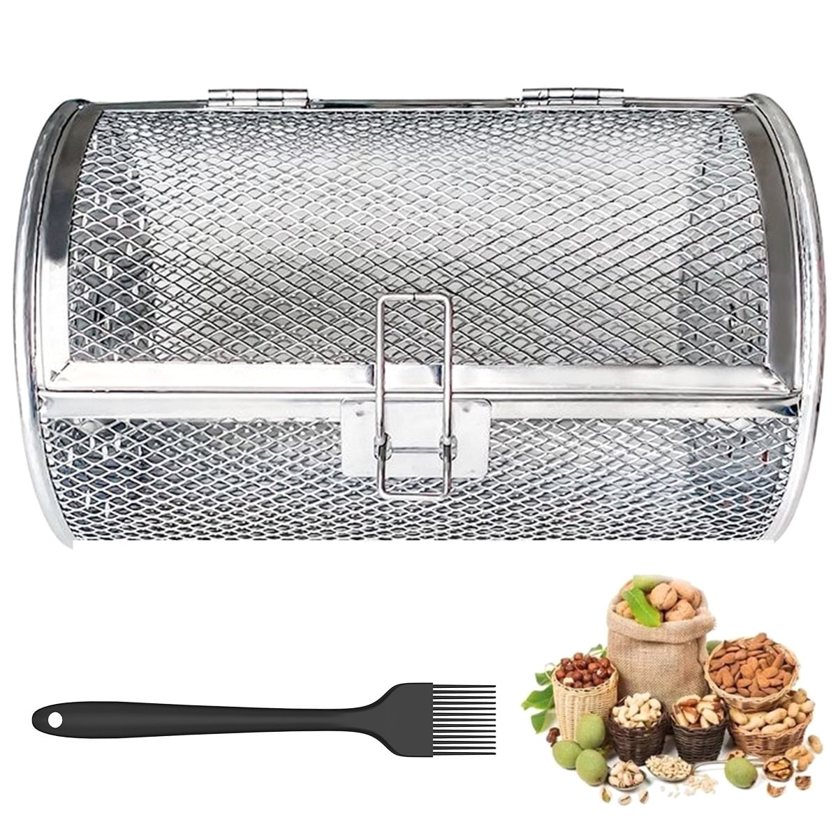 Ghopy Rotisserie Basket with Brush 360° Rotary Stainless Steel Rotisserie Cage Movable Door