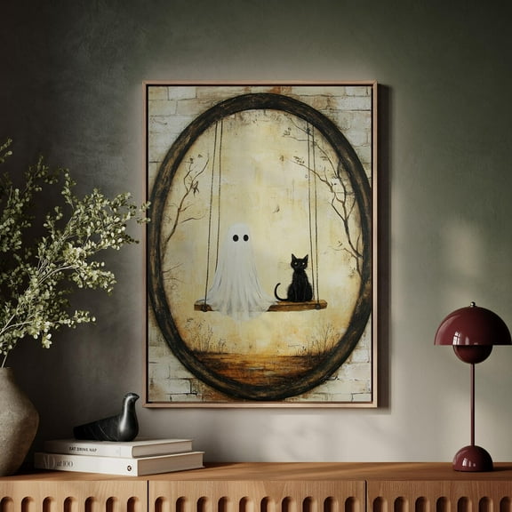 Ghost And Black Cat On Swing Rustic Artwork In Vintage Oval Frame Wall Art Print Wall Art, Modern Wall Decor, 8x12 UNFRAMED