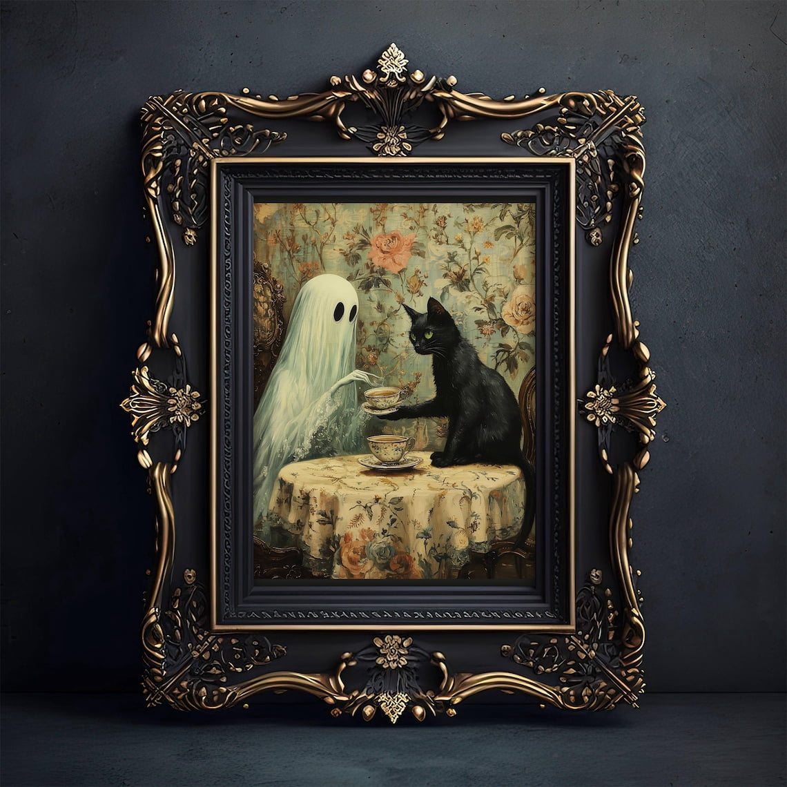 Ghost And Black Cat Tea Party Wall Art Print, Gothic Kitchen Halloween ...