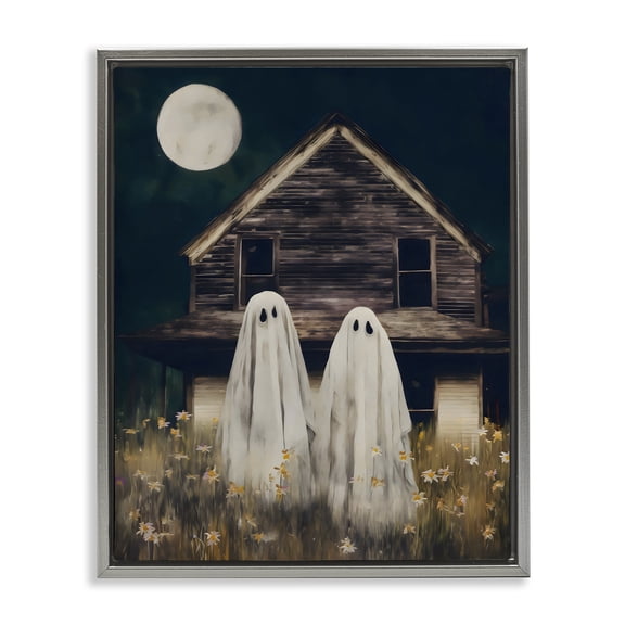 Stupell Industries Ghost And Haunted House Gray Framed Floater Canvas Wall Art, design by Arlington Prints