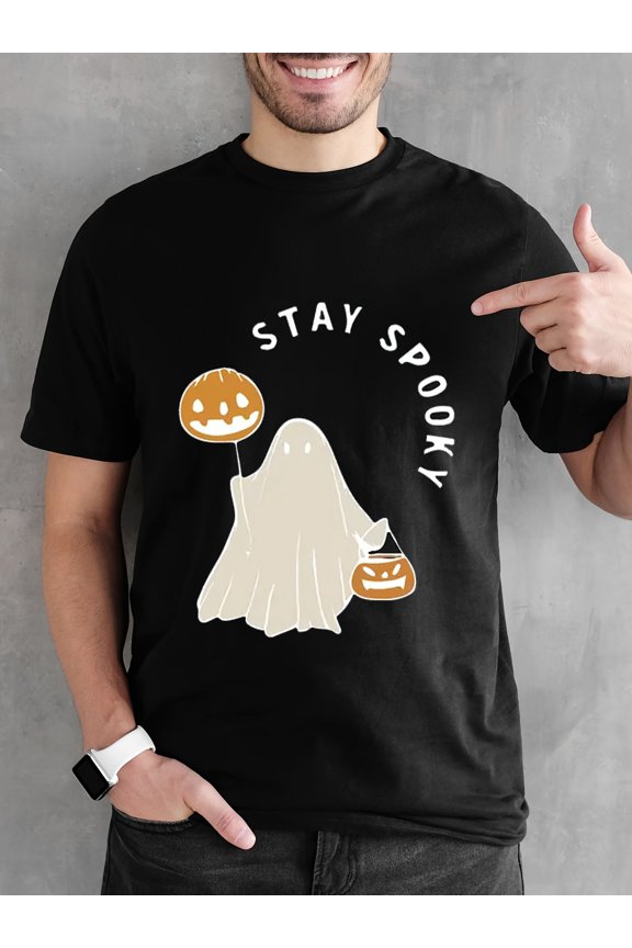 Ghost And Pumpkin Printed Cotton Top, Halloween T-shirt Ghost Pumpkin Sportswear Round Neck Short Sleeve, Men's Clothing 220g
