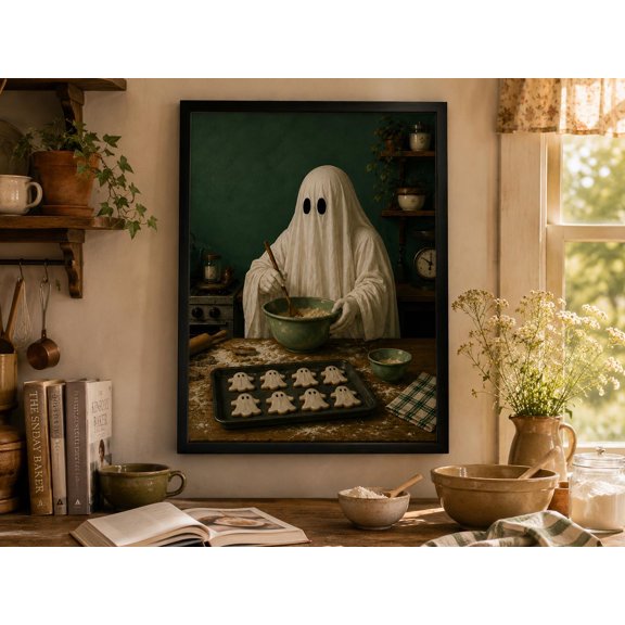 Ghost Baker Poster Witchy Kitchen Wall Art Cute Ghost Baking Print Spooky Halloween Decor Quirky Cottagecore Kitchen Art