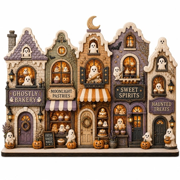 Ghost Bakery Village Wooden Block Tabletop Display for Halloween Home Decor
