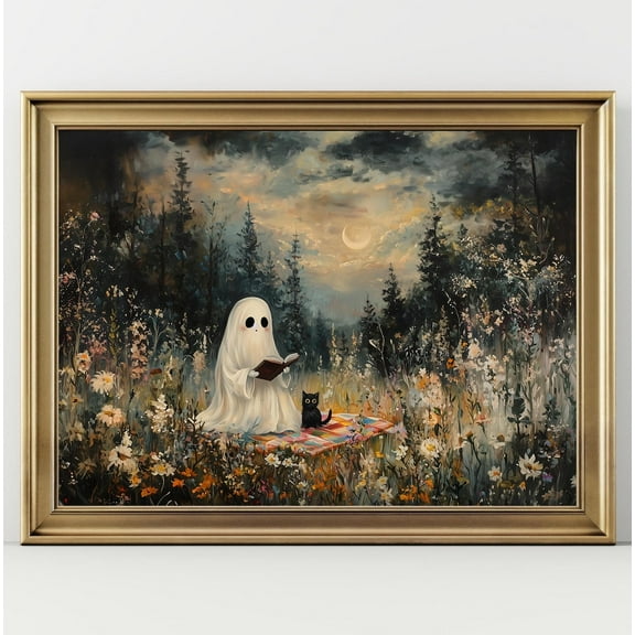 Ghost And Black Cat Art Print – Spooky Reading In Wildflowers Wall Decor, Witchy Room Aesthetic, Cottagecore Ghost Poster Wall Art, Modern Wall Decor, 8x12 UNFRAMED