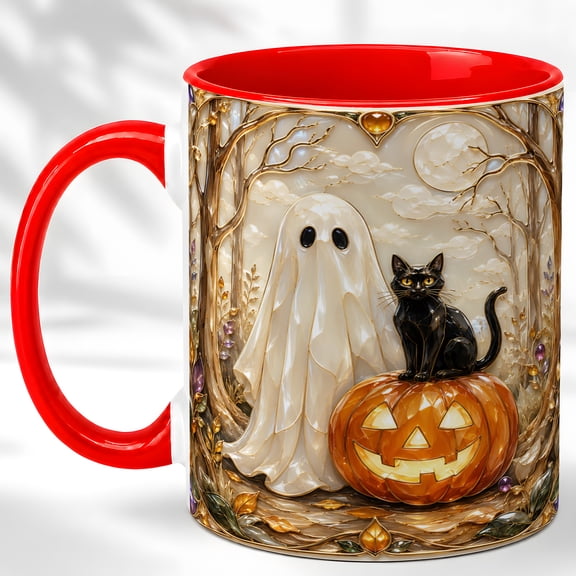 Ghost Black Cat Coffee Mug, Halloween Pumpkin Mug, Ceramic 11 oz