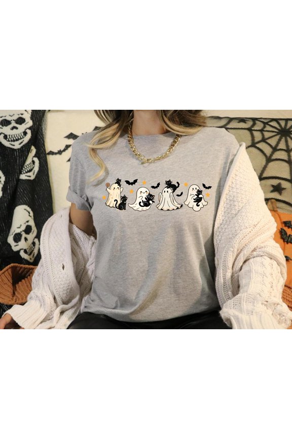 Ghost Black Cat T-Shirt, Spooky Season Season Black Cat Shirt, Cute Season Cat Ghost Tee Shirt, Cat Lover Shirt, Season All Size S-5XL