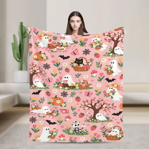 Ghost Blanket Floral Spring Halloween Flannel Throw Blanket Cute Spooky Home Decor Gift 50x40 in