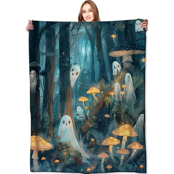Ghost Blanket Haunted Forest Throw Blankets,Birthday Gifts for Kids Adult,Lightweight Soft Fleece with Glowing Dark Mushroom,Sofa Couch Bed Room Horror Halloween Decor 50x60in