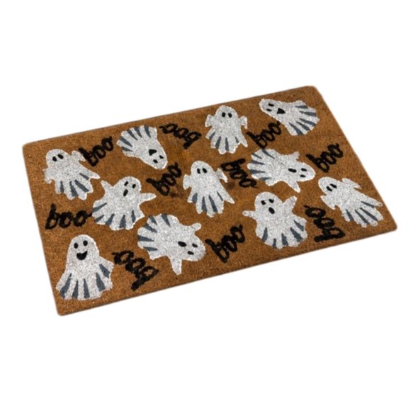 Ghost Boo Doormat Halloween Coir Brown Cute Ghost Pattern Boo Text Front Door Entryway Floor Mat Decor