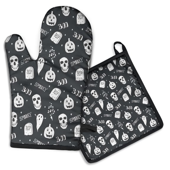 Ghost Boo Halloween Pattern Kitchen Oven Mitt and Pot Holder Sets 2 Pcs for Baking, Cooking and Grilling, Heat Resistant Up To 392 °F