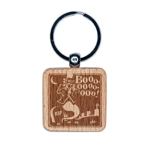 Ghost Boo Jeering Halloween Square Keychain Charm Tag - Engraved Wood