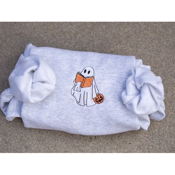 Ghost Book Halloween Embroidered Sweatshirt
