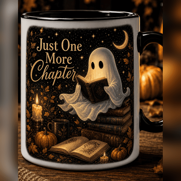 Ghost Book Lover Black Rim Coffee Mug Halloween Gift