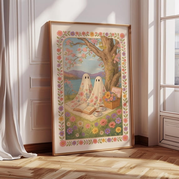 Ghost Book Picnic Wall Art Print, Floral Illustration, Cozy Reading ...