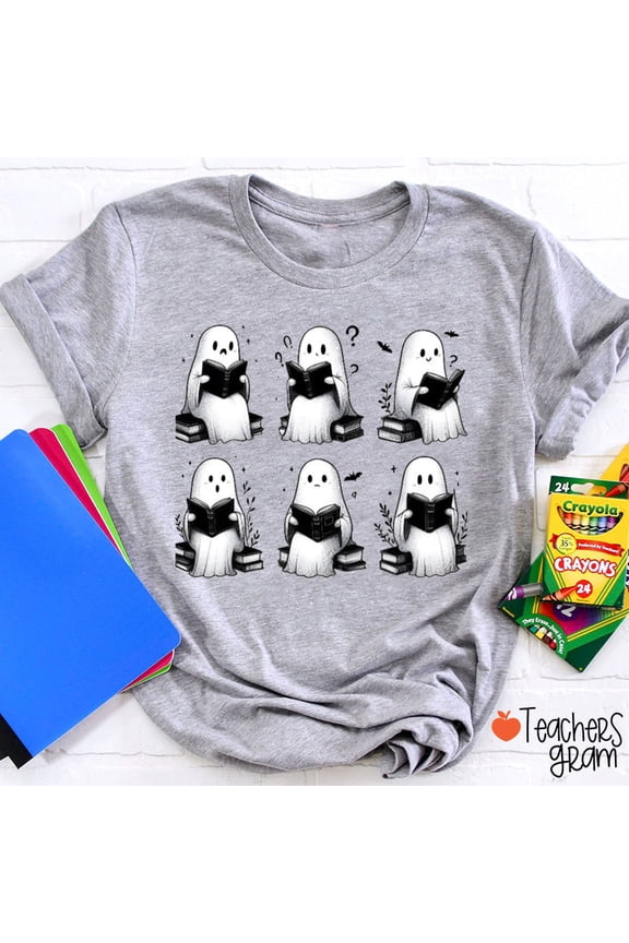 Ghost Book Reader Teacher T-Shirt, Funny Halloween Teacher Shirt, Spooky Season Classroom Tee, Fall Shirt