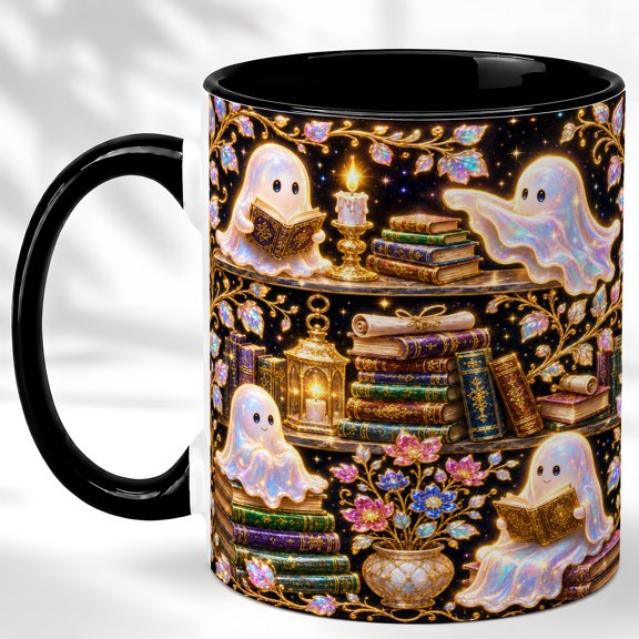 Ghost Bookshelf Coffee Mug, Cozy Reading Mug, Ceramic 11 oz